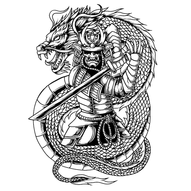 Samurai japonés sosteniendo Katana con ilustración de vector de dragón blanco y negro