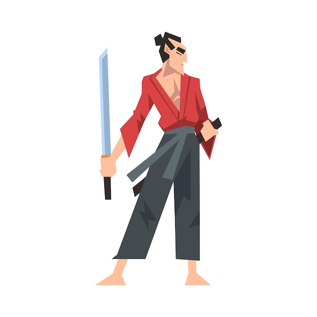 Vector samurai japonés con traje rojo de karate y con una ilustración vectorial de katana