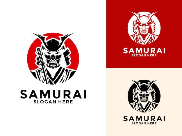 Samurai con Katana y Oni Mask vector del logotipo del caballero samurai guerrero japonés plantilla de diseño del logotipo