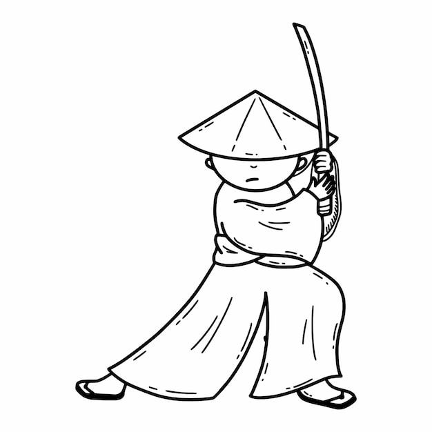 Samurai en kimono sostiene katana en sus manos Sable japonés Guerrero Vector doodle ilustración Boceto a mano Icono