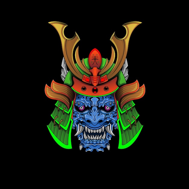 Samurai máscara Oni Devil armadura tradicional japonesa shogun guerrero casco ilustración