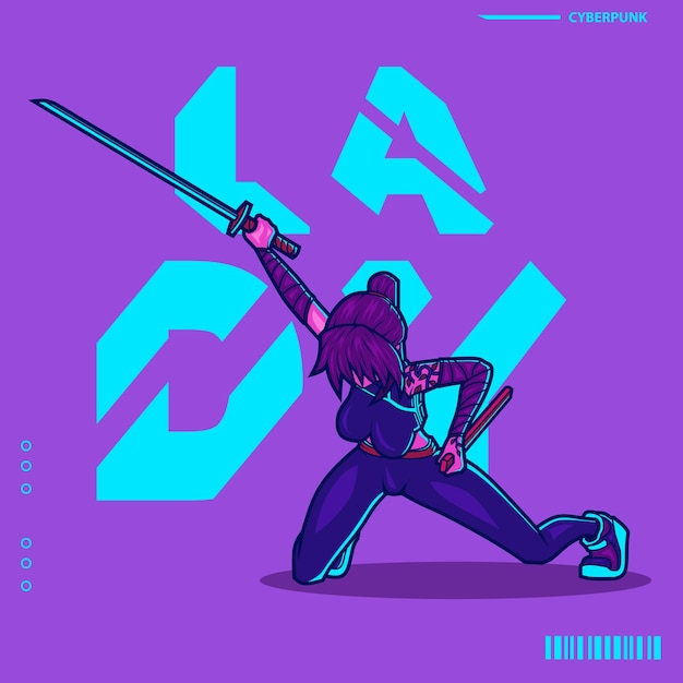 Samurai mujer con espada estilo cyberpunk ilustración de personaje