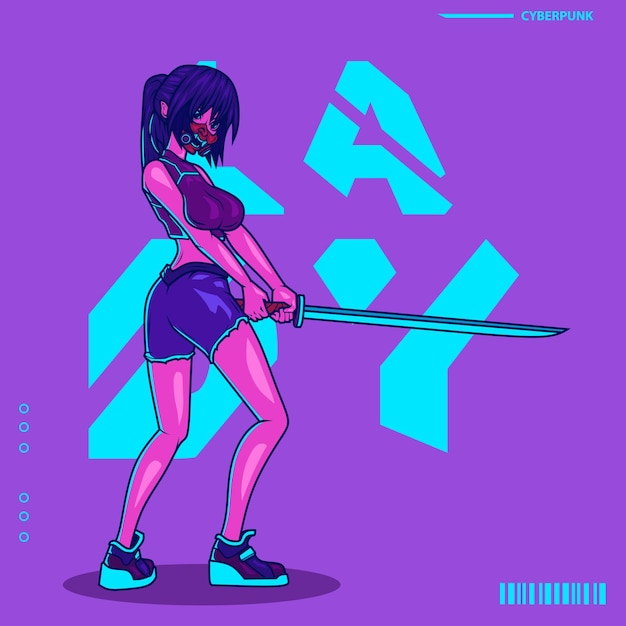 Samurai mujer con hoja estilo cyberpunk ilustración de carácter vectorial