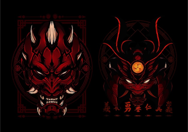 samurai, oni, máscara, vector, ilustración