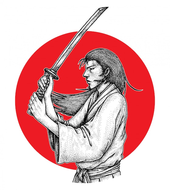 Samurai de pelo largo en posición de ataque con katana