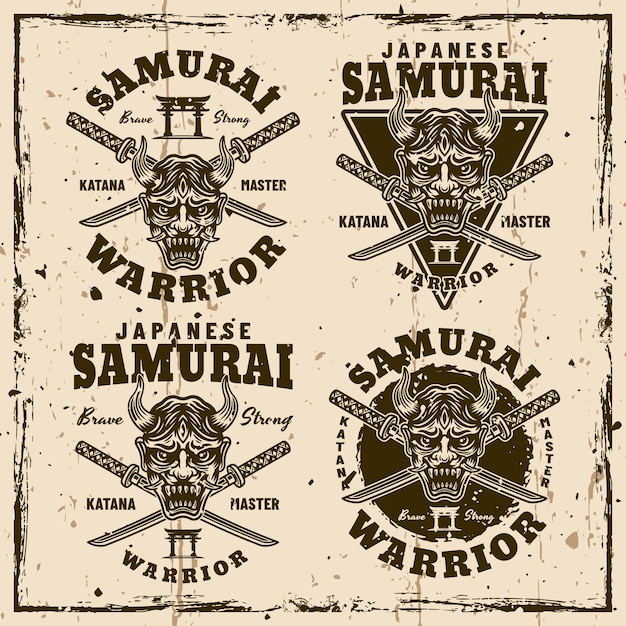Samurai vector emblemas vintage insignias etiquetas en el fondo con texturas grunge extraíbles