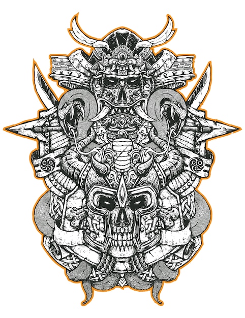 samurai y vikingo cráneo mal grabado arte ilustración arte para ropa de mercancías