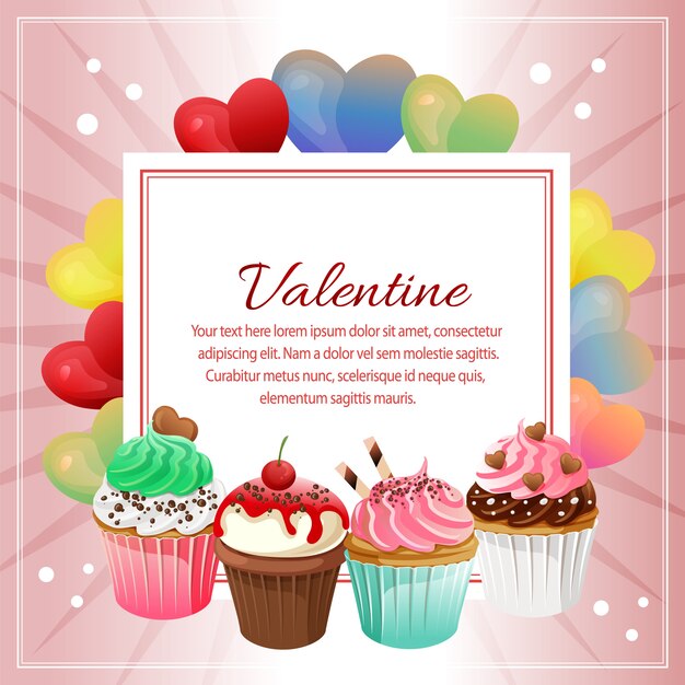 San Valentín amor forma y cupcakes decoración texto cuadrado