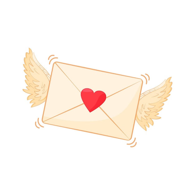 San Valentín. Corazón, alas de ángel, carta de amor aislada sobre fondo blanco. Ilustración de vacaciones
