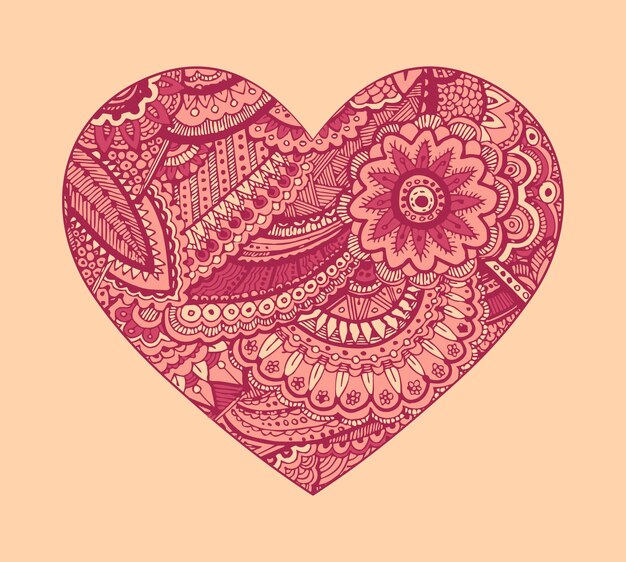San Valentín corazón ornamento floral Vector dibujado a mano