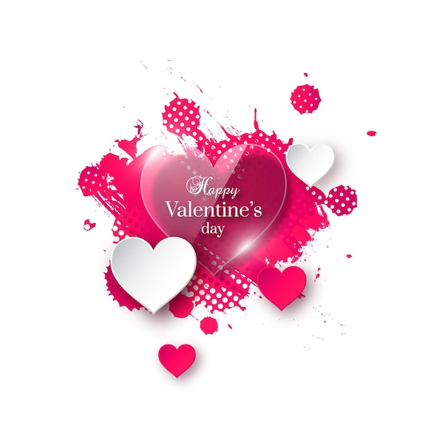 San Valentín con corazones de papel brillante y salpicaduras de acuarela.