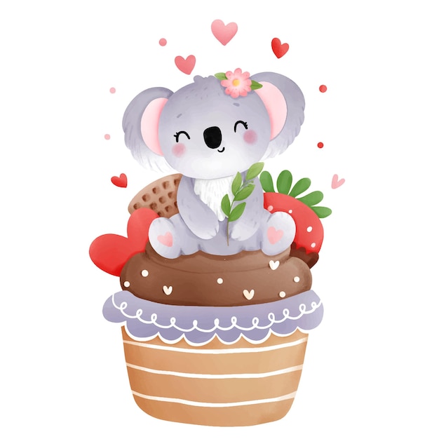 San valentín cupcake koala, ilustración vectorial
