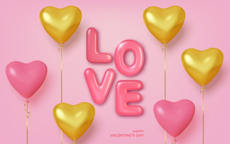 Vector san valentín con globos realistas rosas y dorados en forma de corazones