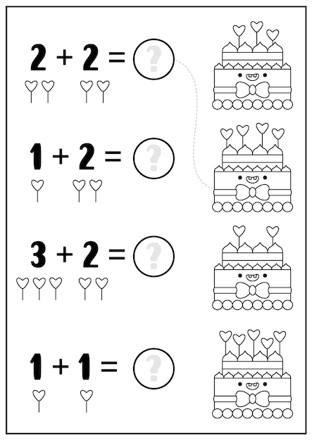San Valentín juego de conteo en blanco y negro con pastel kawaii con corazón en el palo Actividad matemática de línea de vacaciones de amor para niños Ficha de trabajo de conteo imprimible para colorear pagexA