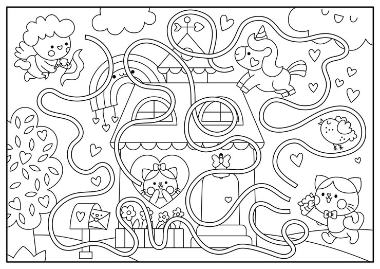 Vector san valentín laberinto blanco y negro para niños amor línea de vacaciones actividad imprimible con kawaii unicornio arco iris cupido laberinto juego rompecabezas página de colorear con linda escena de cita romántica catsxa