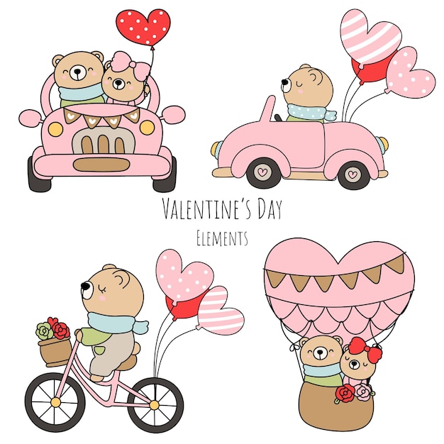 Vector san valentin con lindo oso y transporte.