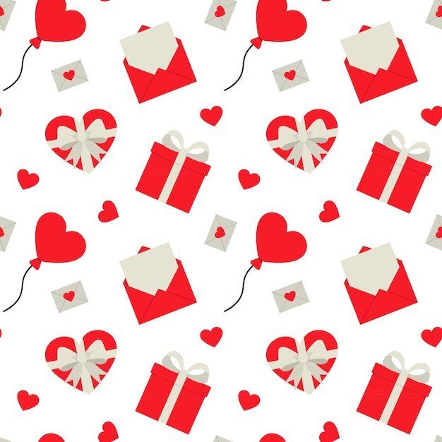 San Valentín patrón sin costuras objetos románticos lindos como corazones globos rojos caja de regalos y