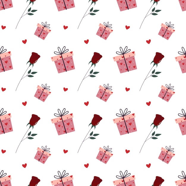 San Valentín patrón sin costuras de regalos y rosas en fondo blanco
