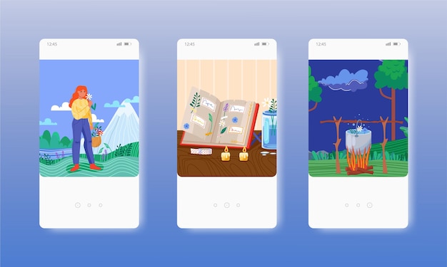 Sanador reuniendo hierbas poción mágica ocultismo pantallas de aplicaciones móviles vector sitio web banner plantilla ui w