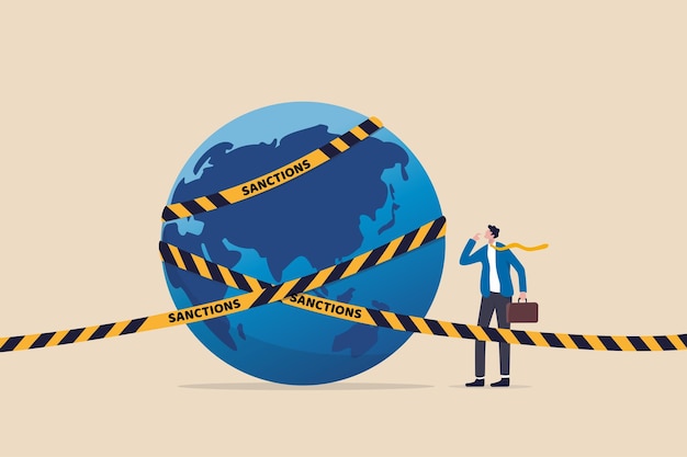 Las sanciones económicas mundiales obligan al país a obedecer el derecho internacional limitando o dejando de comerciar el concepto de hombre de negocios mira el país del mundo del planeta tierra con cinta amarilla prohibida con sanciones de palabra