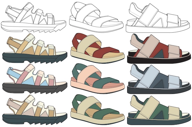 Sandalias de correa para colorear dibujo sandalias de correa vectorial dibujadas en un estilo de boceto agrupación de sandalias de correa plantilla a todo color vector Ilustración