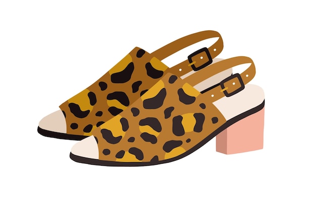 Sandalias de tacón de tendencia con tira trasera con hebilla y peep-toe. Calzado de moda de mujer o zapatos abiertos de verano con estampado animal en tira extra ancha. Ilustración vectorial plana coloreada aislada en blanco.