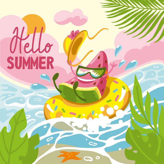 Sandía alegre en gafas de sol flota en el mar fiesta de verano hola verano vector