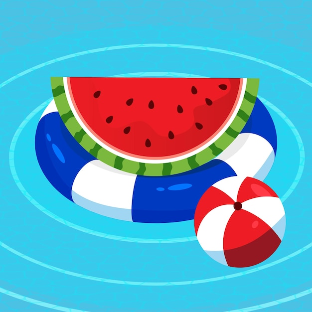 Sandía con aro salvavidas en el objeto de pelota de playa de agua y piscina ilustración de verano