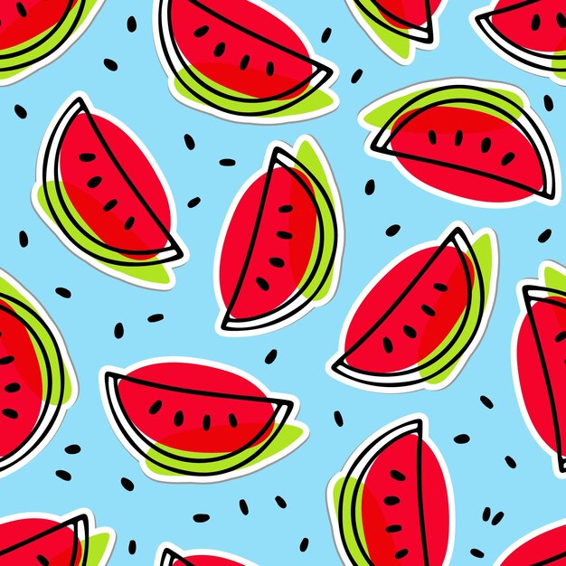 Vector sandía dibujado a mano boceto de patrones sin fisuras fondo de frutas exóticas azul verde rojo brillante