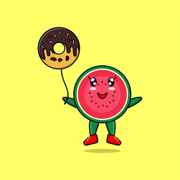 Sandía de dibujos animados lindo flotando con ilustración de vector de dibujos animados de globo de donuts