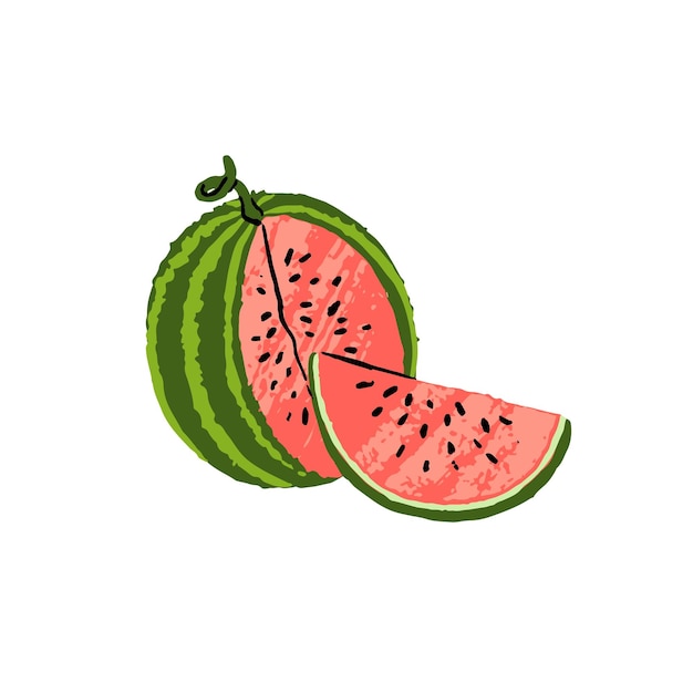 Sandía exótica fresca con pieza cortada Fruta tropical madura entera y rebanada jugosa Comer verano natural saludable Alimentos vitamínicos dulces Ilustración vectorial plana aislada en fondo blanco