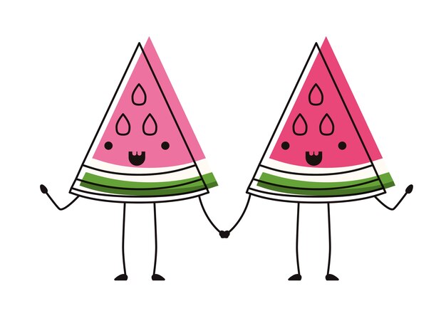Sandía, fruta fresca, rebanada, pareja, kawaii, caracteres