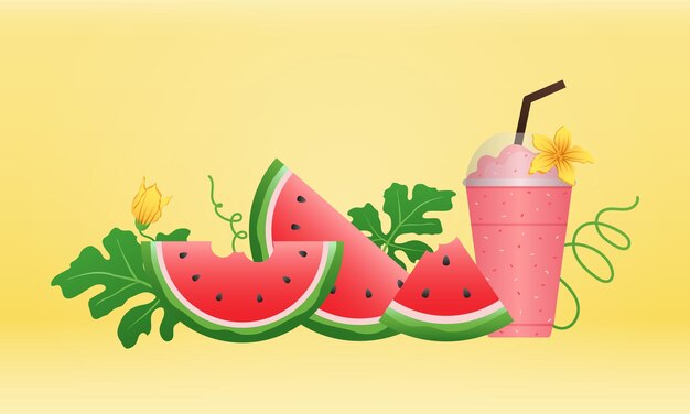 Vector sandía y fruta jugosa concepto de comida de verano atermon y pancarta de rebanadas jugosas