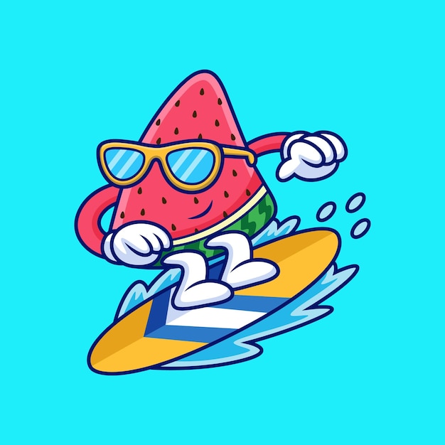 Sandía jugando carto de surf. ilustración de icono de vector de fruta, aislado en vector premium