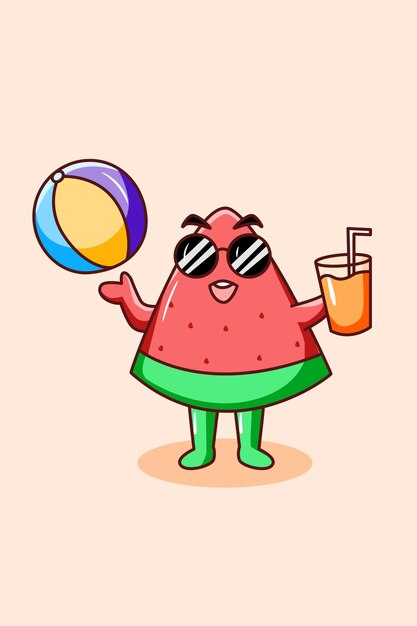 Sandía linda con jugo de naranja en la ilustración de dibujos animados de verano