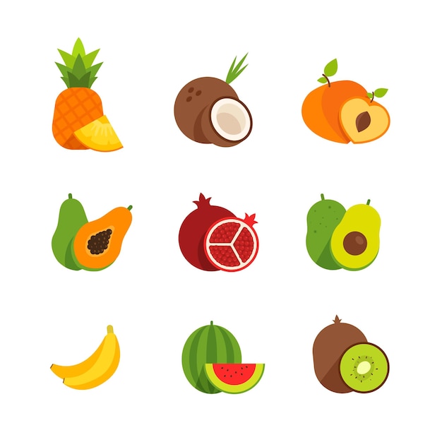 Sandía, plátano, kiwi, papaya, aguacate, piña, coco, granada y melocotón aislados en Whi