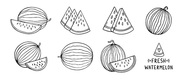 sandía y rebanadas de sandía juego de iconos dibujados a mano para el verano dibujo de esquema de la línea de sandía colección de símbolos clipart