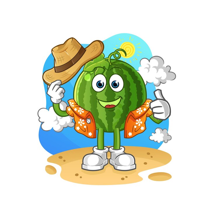 Vector la sandía se va de vacaciones. vector de mascota de dibujos animados