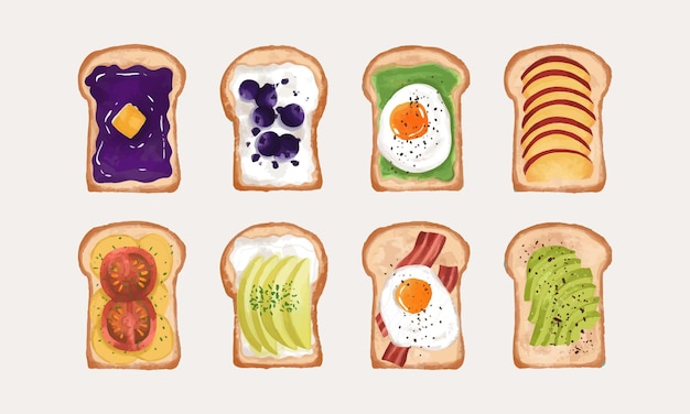 Sándwich acuarela lado soleado hacia arriba Huevo y mermelada verduras colección de vectores veganos