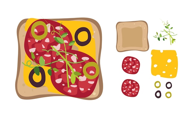 sándwich apetitoso con salchicha de queso y verduras ilustración vectorial aislada en blanco