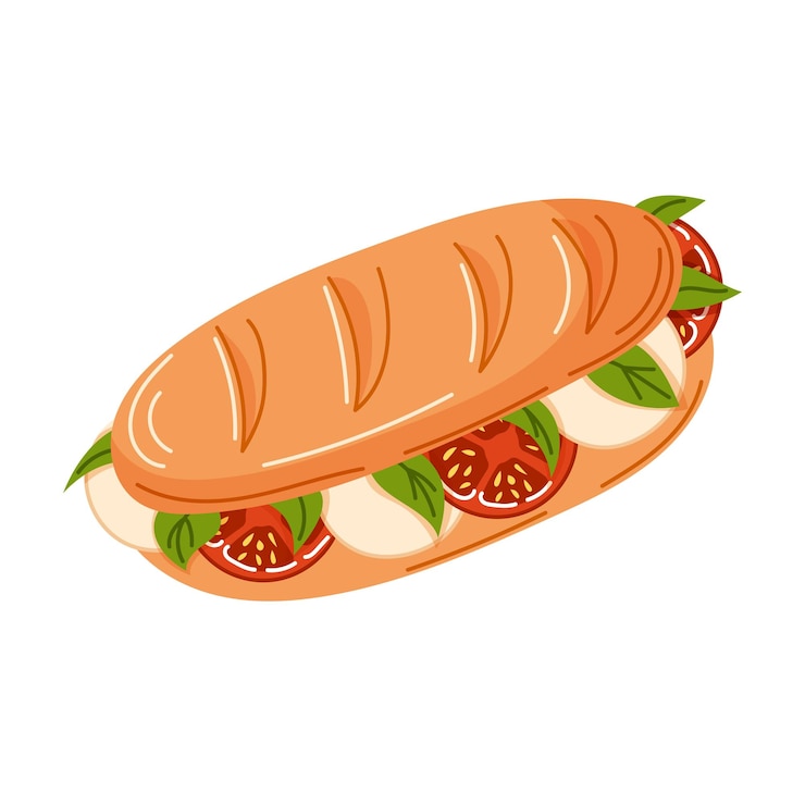 Vector sándwich de baguete lleno de tomates frescos queso mozzarella y hojas de albahaca comida al estilo de dibujos animados
