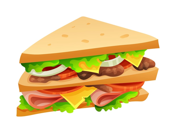 Vector sándwich de club con jamón, lechuga, tomate y queso ilustración de dibujos animados vectorial