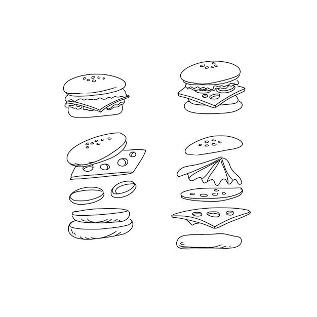 sándwich de comida rápida comida chatarra dibujado a mano doodle ilustraciones vector conjunto