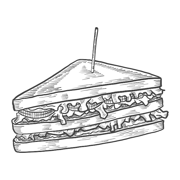 Sándwich de comida rápida solo boceto dibujado a mano aislado con estilo de contorno