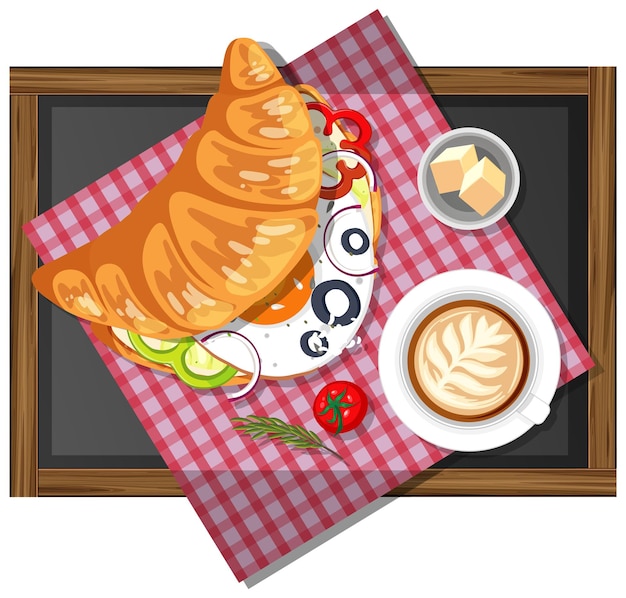 Sándwich de croissant de desayuno con una taza de café en una placa de madera aislada