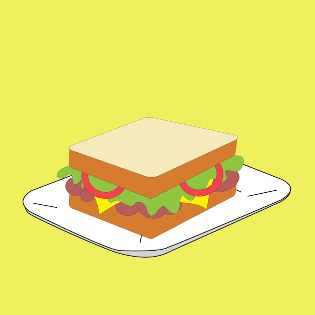 Sándwich delicioso en un plato aislado sobre un fondo amarillo Ilustración vectorial del icono del desayuno