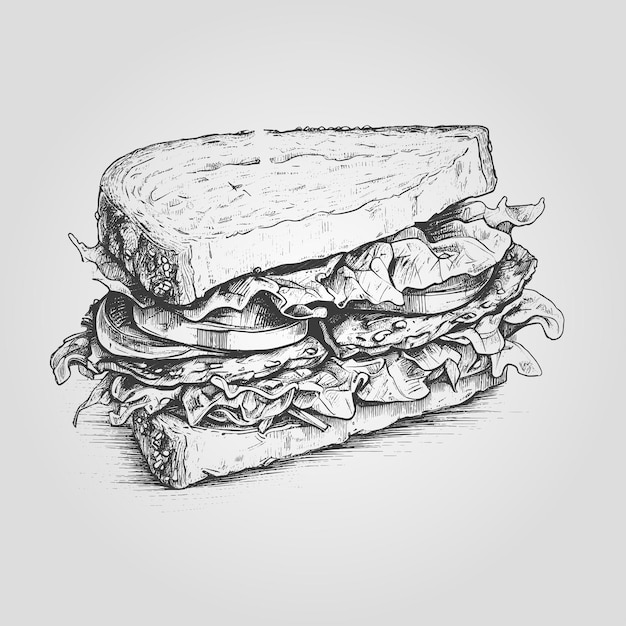 Vector sándwich dibujado con boceto de tinta elemento alimentario para el diseño de menú o letrero ilustración vectorial