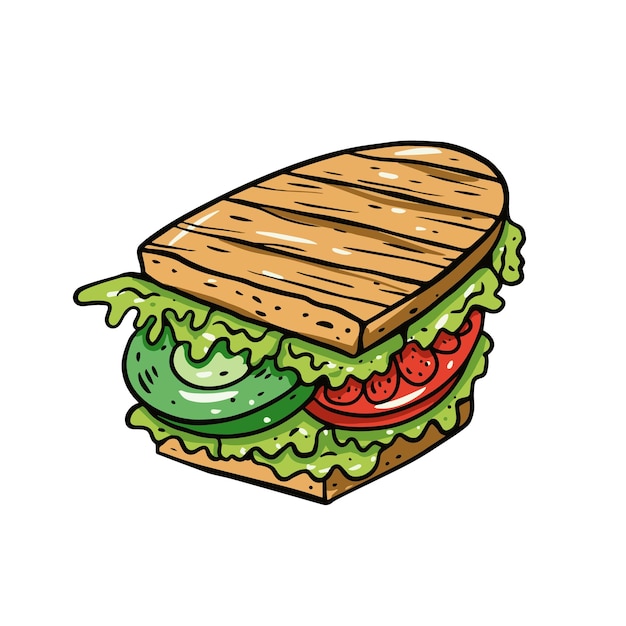 Sandwich dibujado a mano colorido estilo realista contorno negro ingrediente alimentario ilustración vectorial isola ...