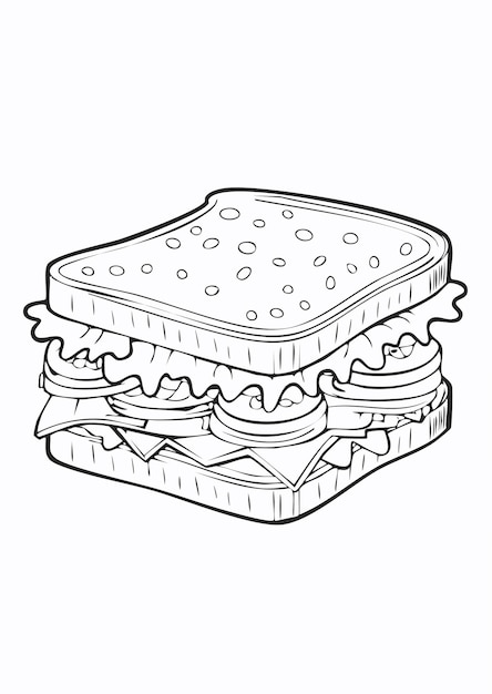Sandwich Food Eatery Meal Coloración Página del libro para niños en monocromo blanco y negro y muestras de color