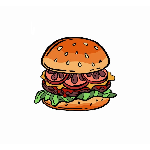 Sándwich grande con ensalada de tocino tomates con queso Sobre un fondo blanco aislado Ilustración vectorial dibujada a mano de alimentos Ilustración vectorial